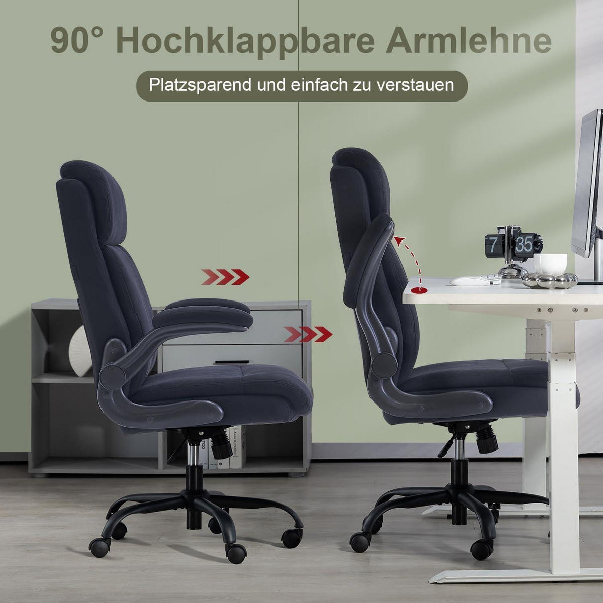 BÜROSTUHL Stoff Schwarz mit hoher Rückenlehne und hochklappbaren Armlehnen - Schwarz, Textil (68/113/70cm)
