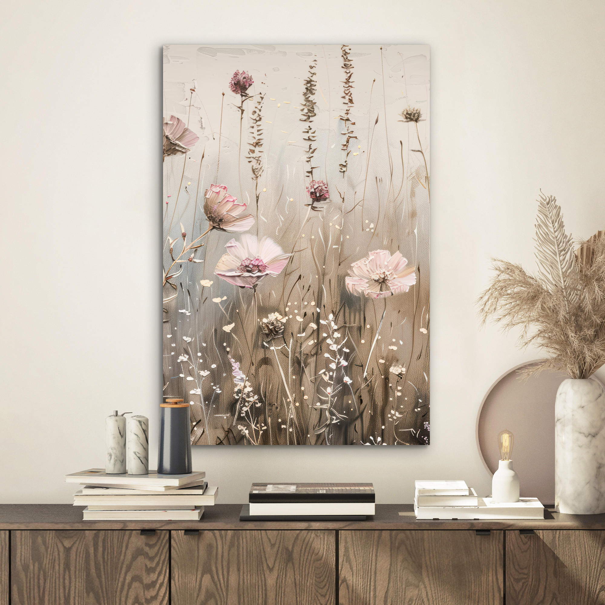 METALLBILD Blumen - Rosa - Modern - Beige 40x60 cm - Beige, Metall (40/60cm) - MuchoWow