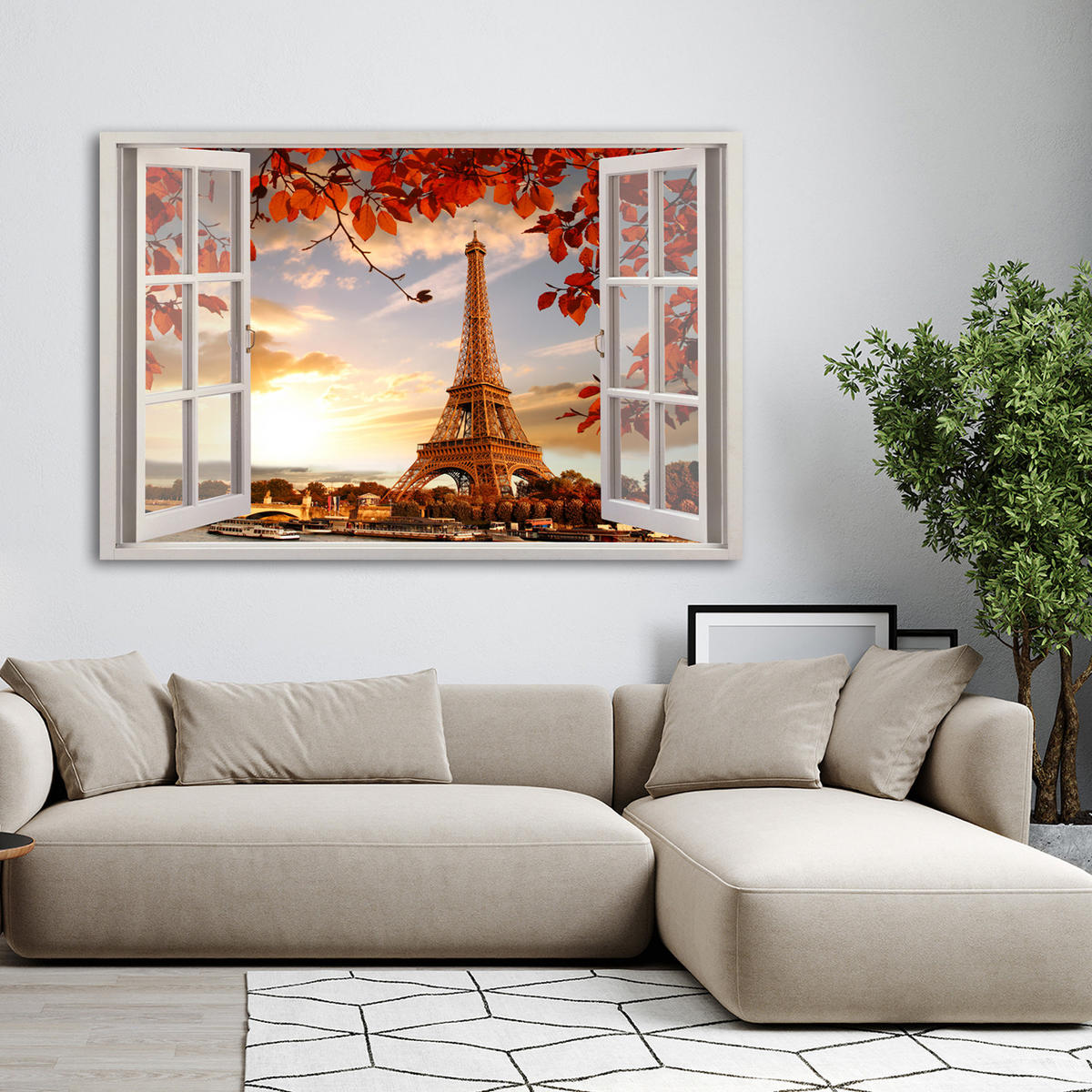 WANDBILD fensterblick eiffelturm in paris - Rot, Textil (60/40cm) - Feeby