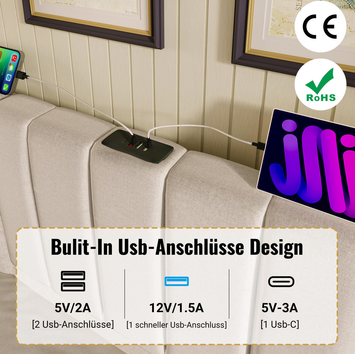 POLSTERBETT aus Leinen 180x200 cm Beige mit Bettkasten, LED-Beleuchtung, USB-C und 7-Zonen-Matratze - Beige, Textil (180/200cm) - IVMEU