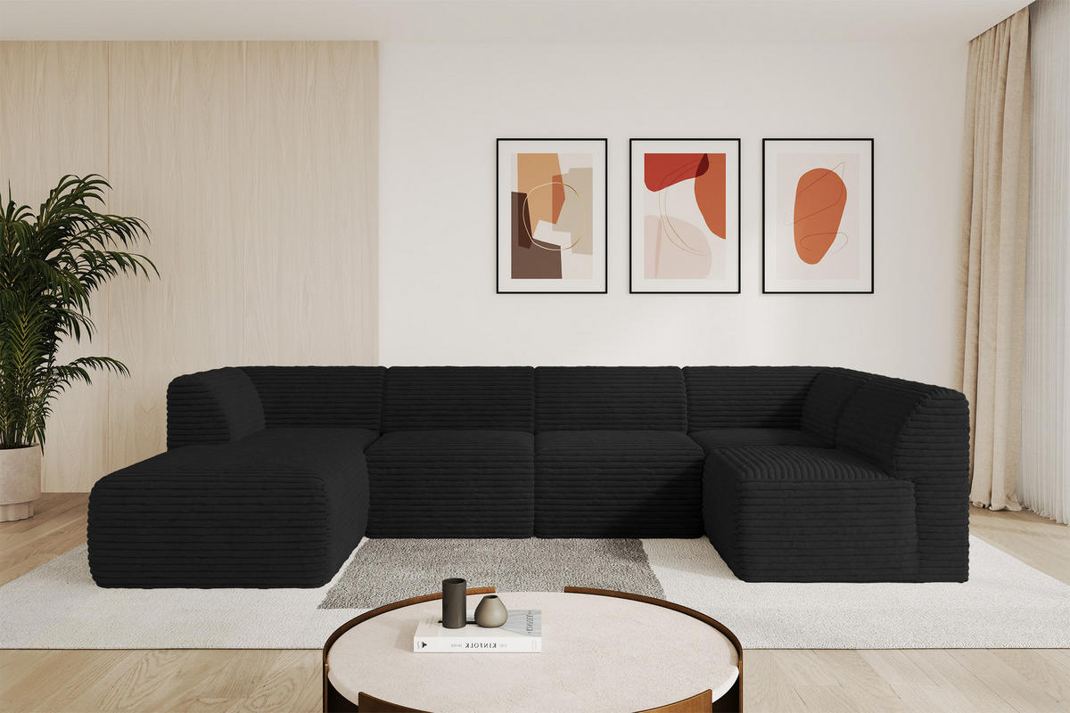 WOHNLANDSCHAFT Ottomane Links MOVO-L 345x180x78 cm Schwarz Cord - Schwarz, Holzwerkstoff/Kunststoff (345/78/180cm) - ALTDECOR