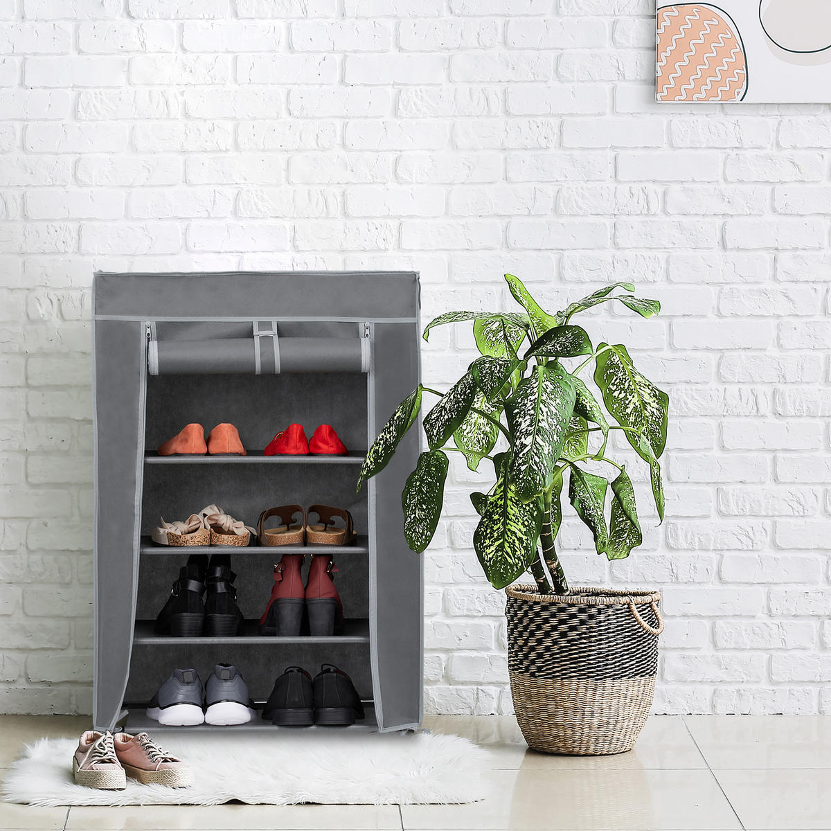 SCHUHSCHRANK - Grau, Kunststoff/Textil (60/90/30cm) - Relaxdays