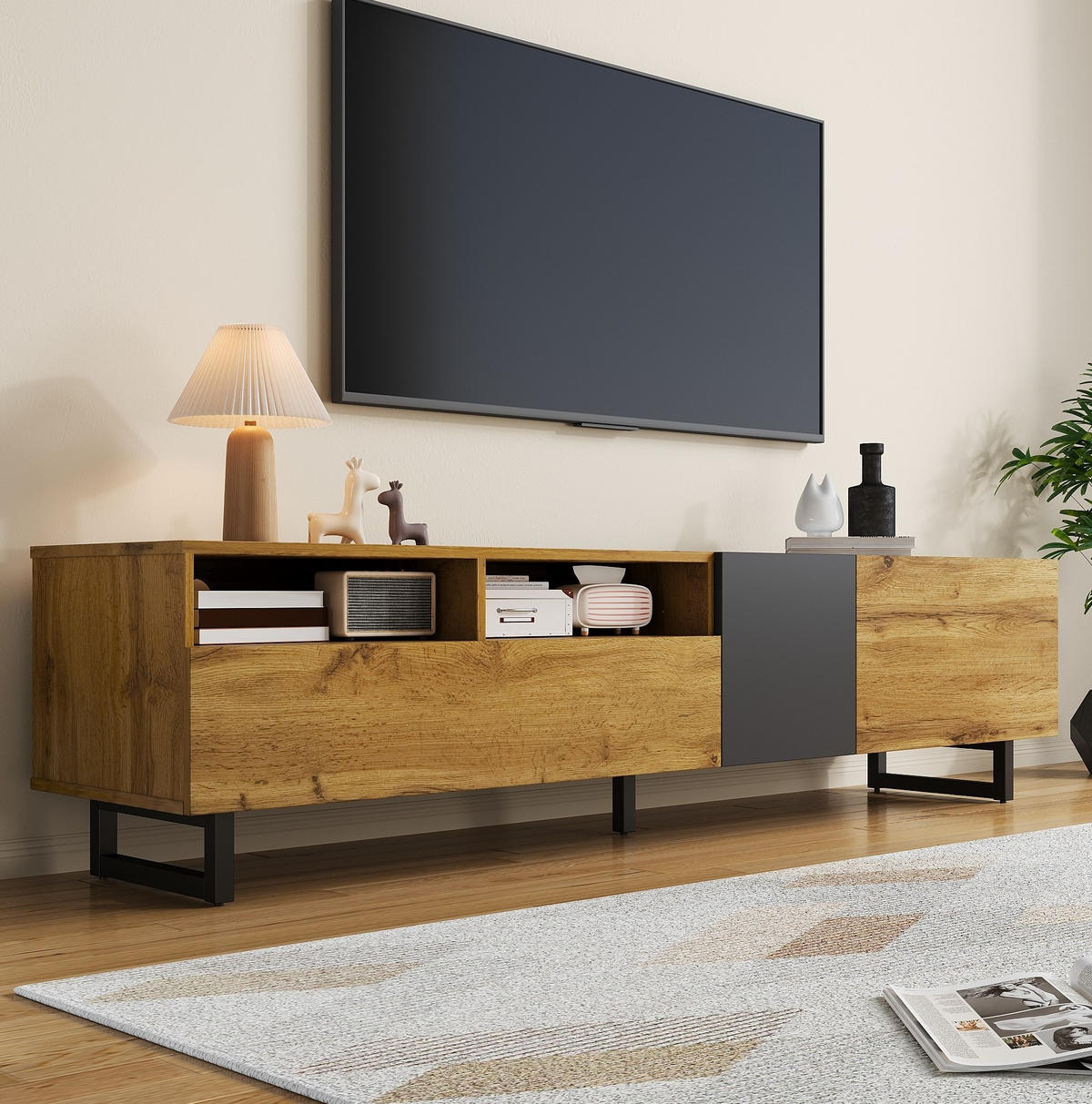 TV-SCHRANK aus melaminbeschichteter Spanplatte 170x42x36,5 cm Dunkelgrau/Natur mit 3 Türen und 2 offenen Fächern - Naturfarben, Holzwerkstoff (170/42/36.5cm) - Modfu