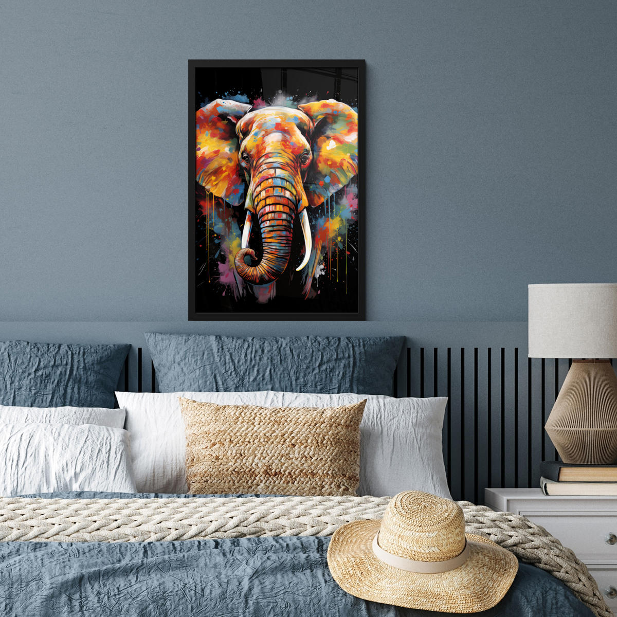 GERAHMTES BILD Elefant - Graffiti - Schwarz - Tiere - Farben 40x60 cm - Schwarz, Papier (40/60cm) - MuchoWow