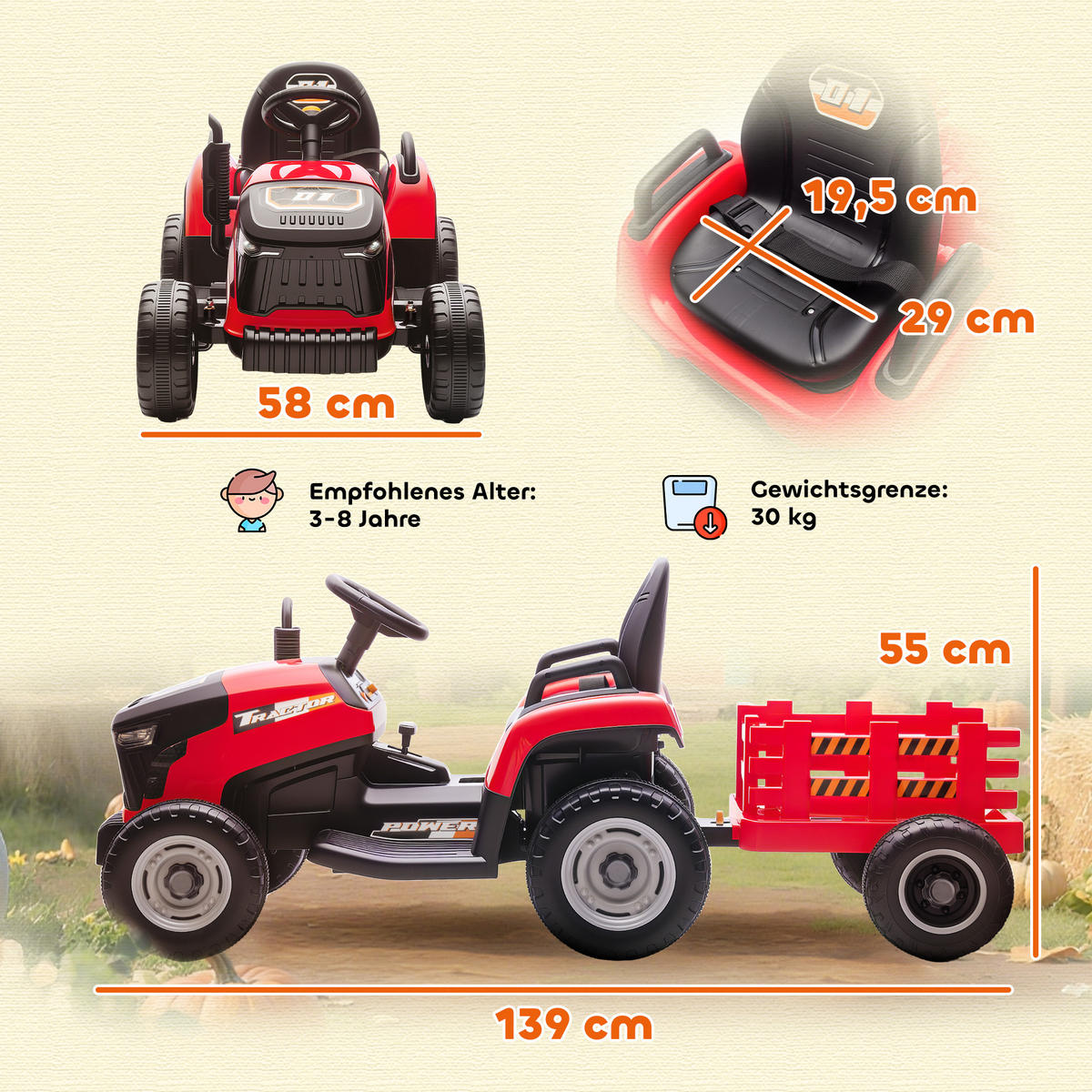 ELEKTRISCHER-TRAKTOR Kunststoff Metall Rot - Rot, Kunststoff (139/58/55cm) - AIYAPLAY