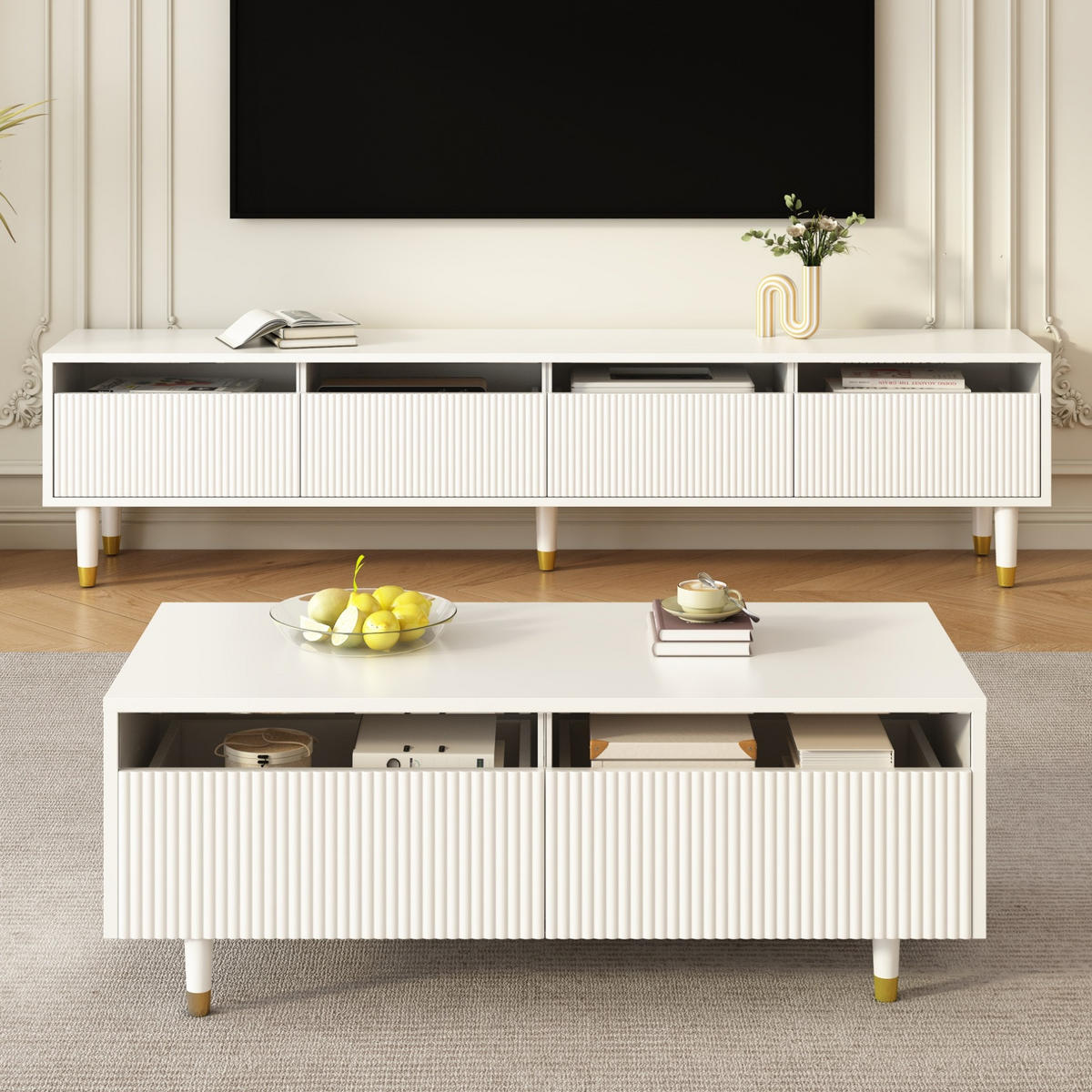 TV-ELEMENT-SET Weiß mit LED-Beleuchtung, 178/35/45 cm und Couchtisch 110/50/40 cm - Weiß, Holzwerkstoff (178/45/35cm) - Flora Grace