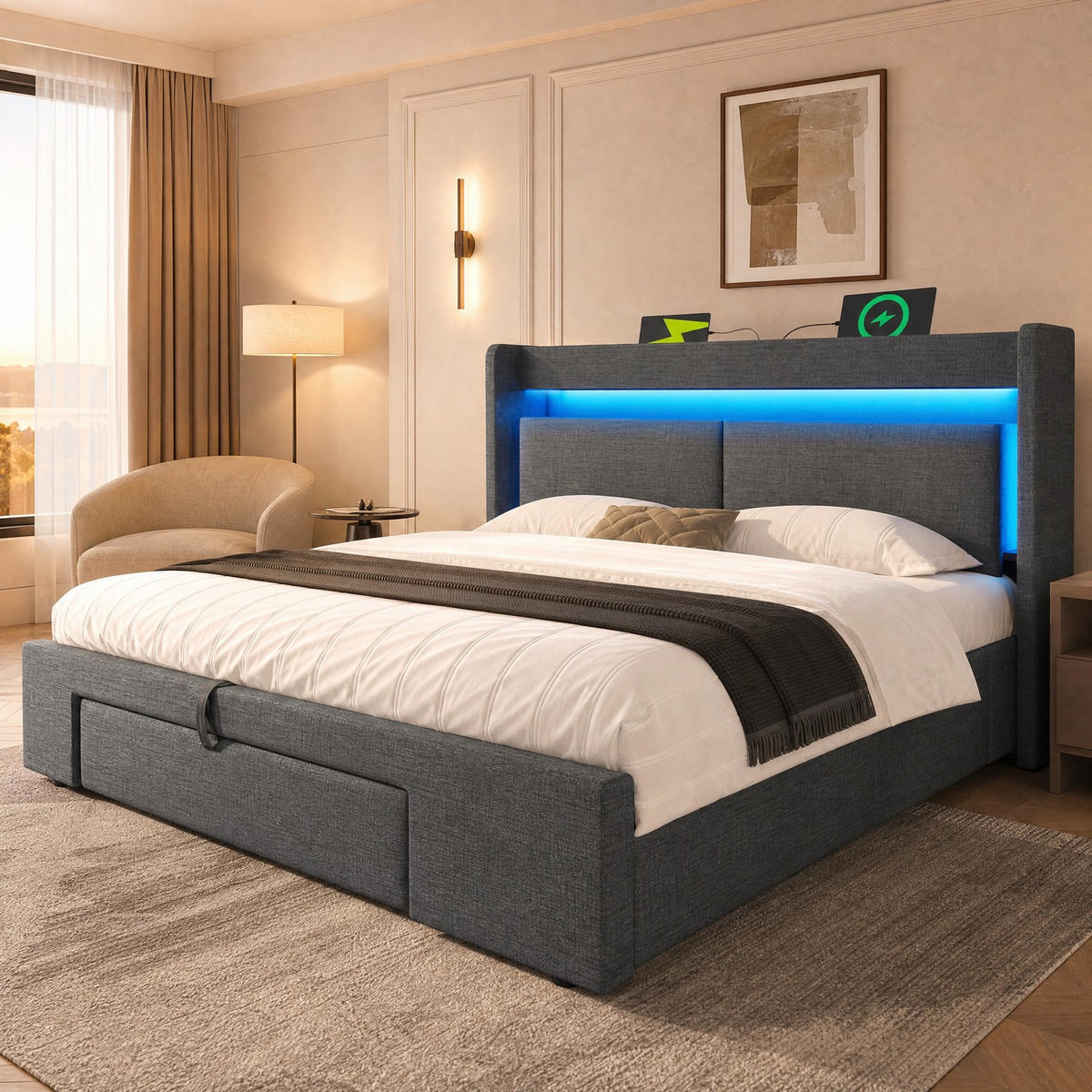 POLSTERBETT 160/200 mit Bettkasten, LED und USB-C in Grau - Grau, Holzwerkstoff/Textil (160/200cm) - EVRYAE