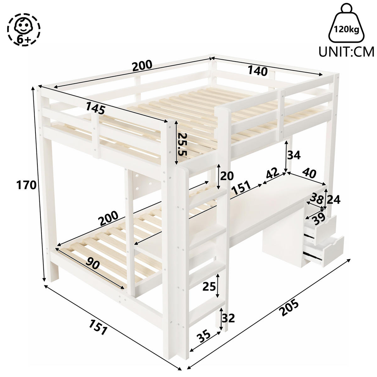 HOCHBETT 140/200 cm & 90/200 cm in Weiß mit Schubladen, Schreibtisch, Lochplatte und LED - Weiß, Holz/Holzwerkstoff (140/200cm) - CHICFURN