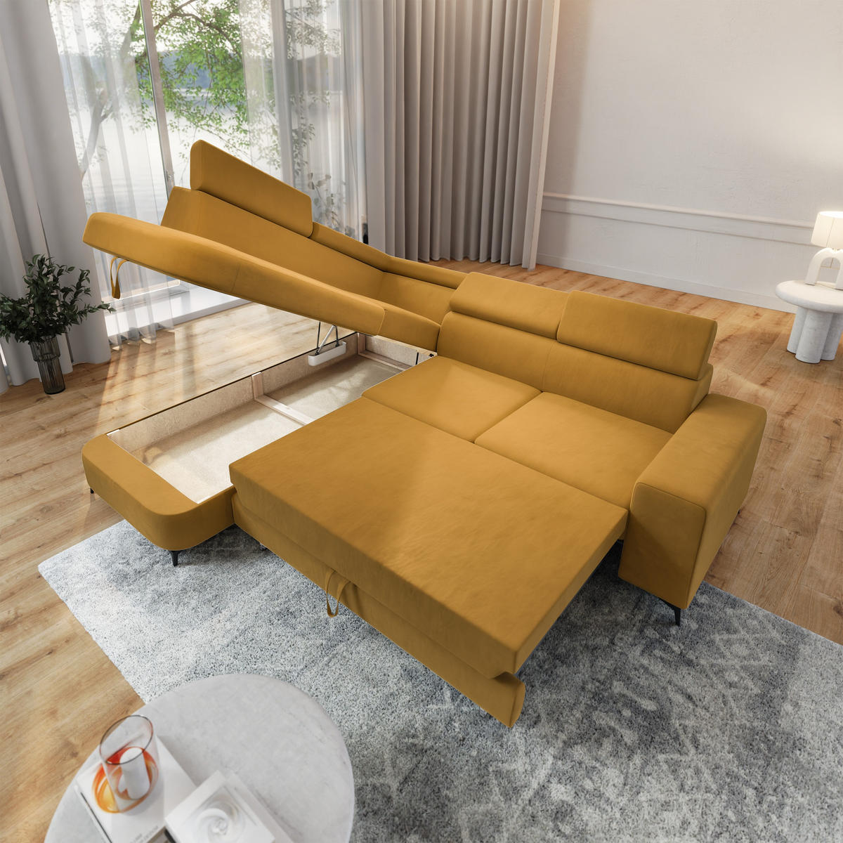 ECKSOFA ALVORO L-S Gelb Velours-Stoff mit Schlaffunktion - Gelb, Holz (253/190cm) - MASSENO