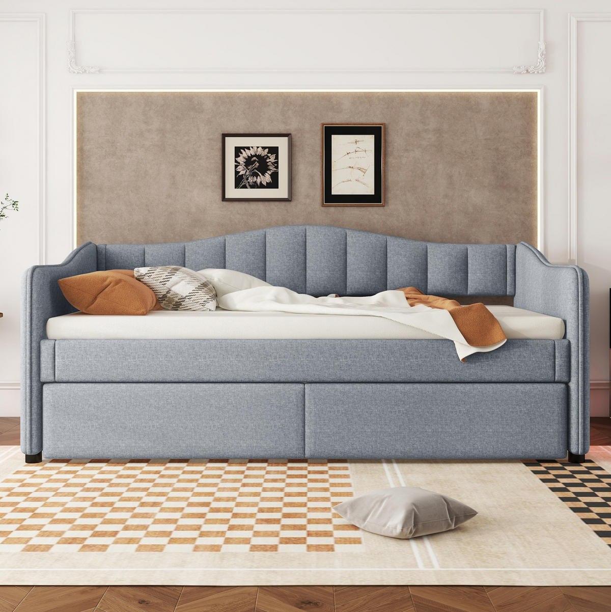 POLSTERBETT 90/200 cm aus Leinen mit ausziehbarem Rollbett und LED-Beleuchtung Grau - Grau, Textil (90/200cm) - Modenvie