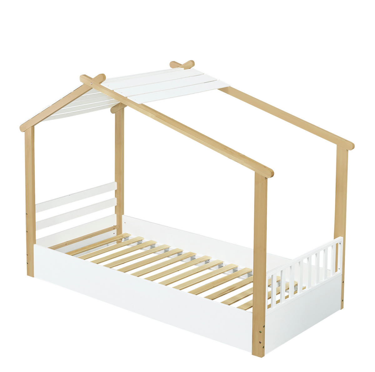 DOMČEKOVÁ posteľ 90/200 cm biela/prírodná s lamelovým roštom z borovice, drevotriesky a MDF - biela, drevo (90/200cm) - OKWISH