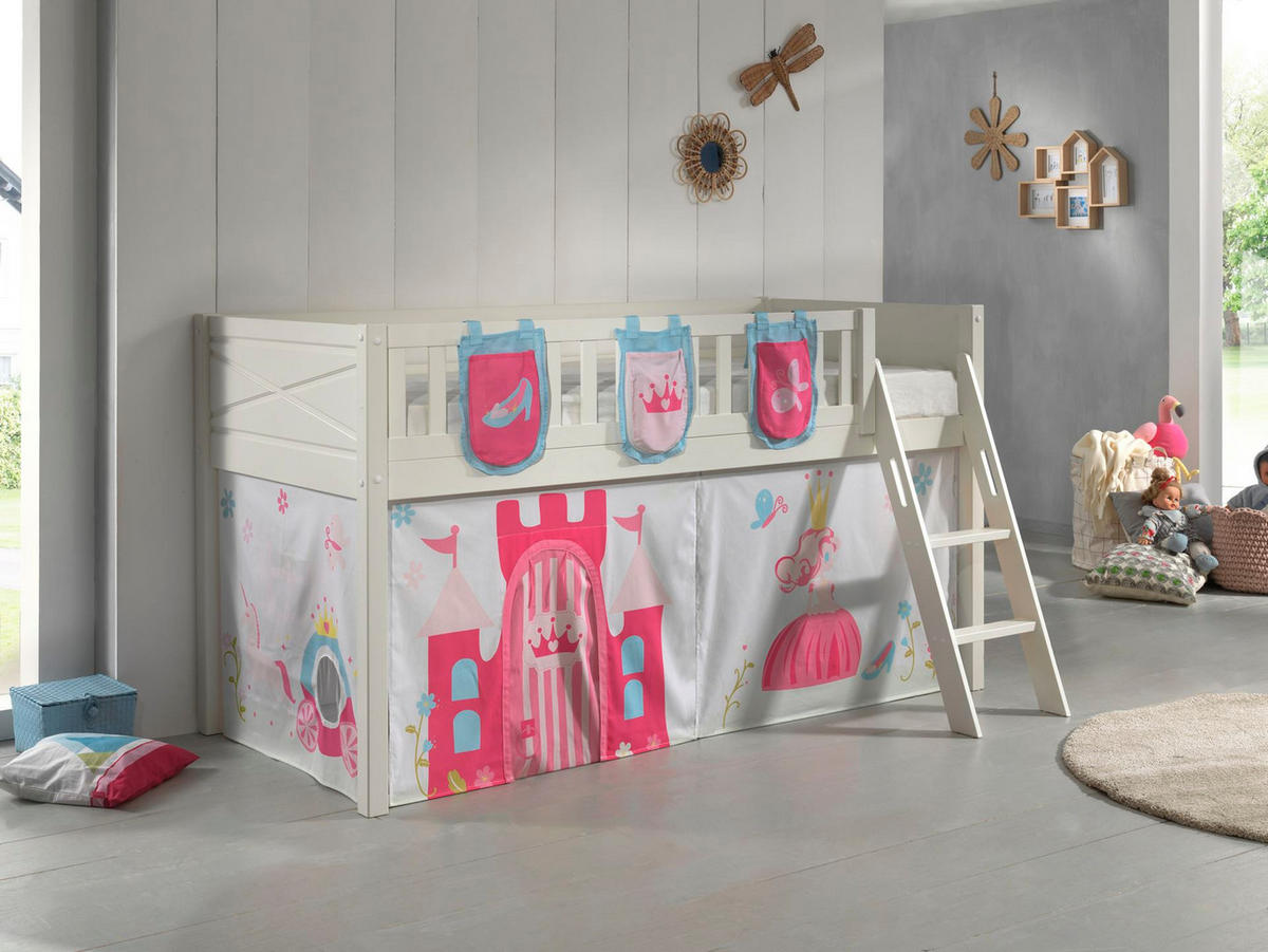 KINDERBETT Karyl 208x114x135 Massivholz Weiß Textilset Princess 3 - Magenta/Weiß, Holz (90/200cm) - 58aufmkessel