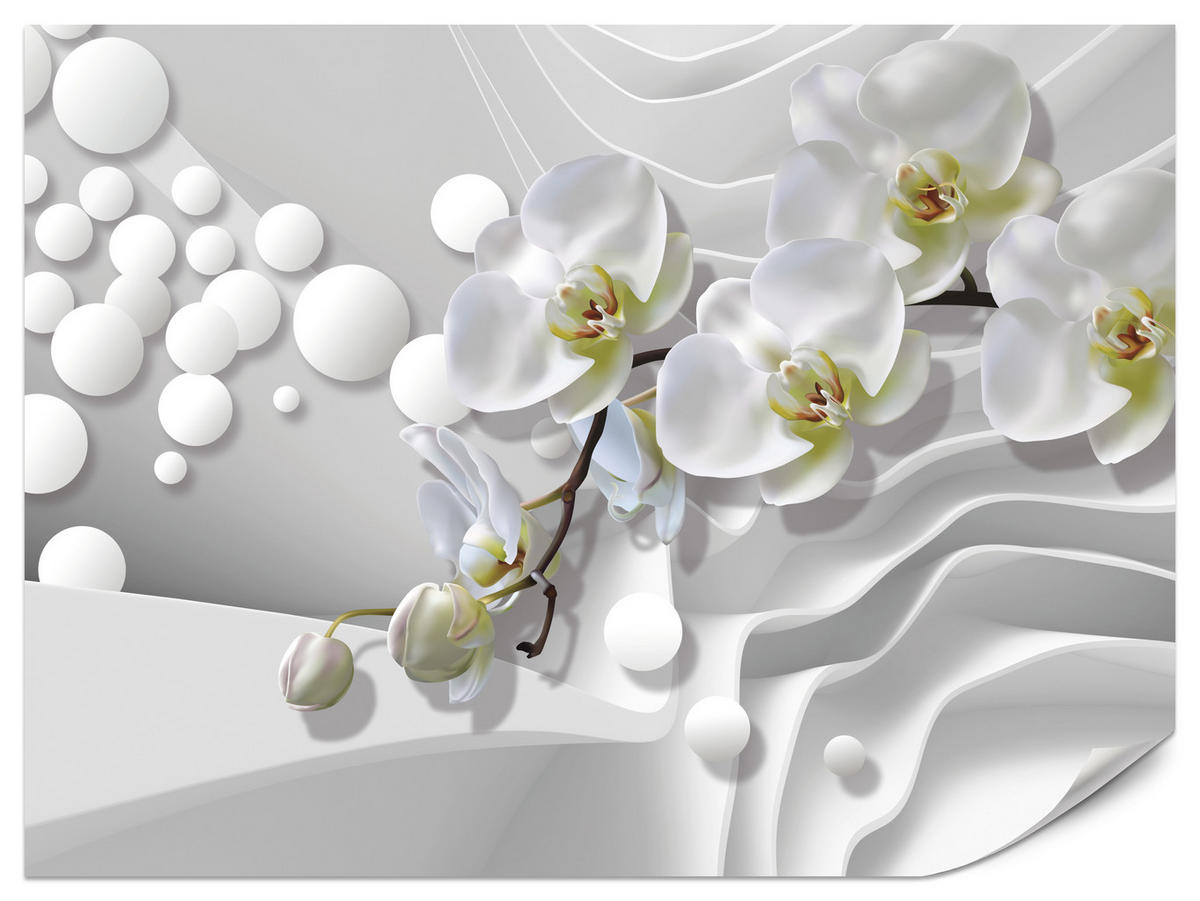 FOTOTAPETE für Badezimmer Geometrische Abstraktion Weiße Orchideen Blumen 300x210 - Gelb/Weiß, Papier (300/210cm) - Muralo