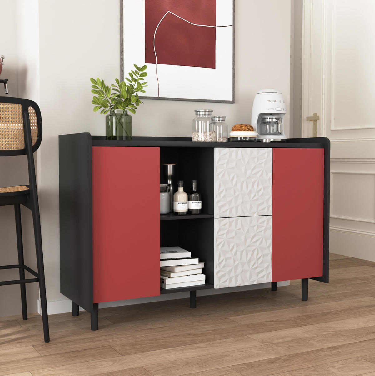 SIDEBOARD 120/40/80 cm, MDF Schwarz/Rot mit 2 Schubladen, offenem Fach und Tür, Schwarz/Rot - Rot, Holzwerkstoff (120/80/40cm) - Redom