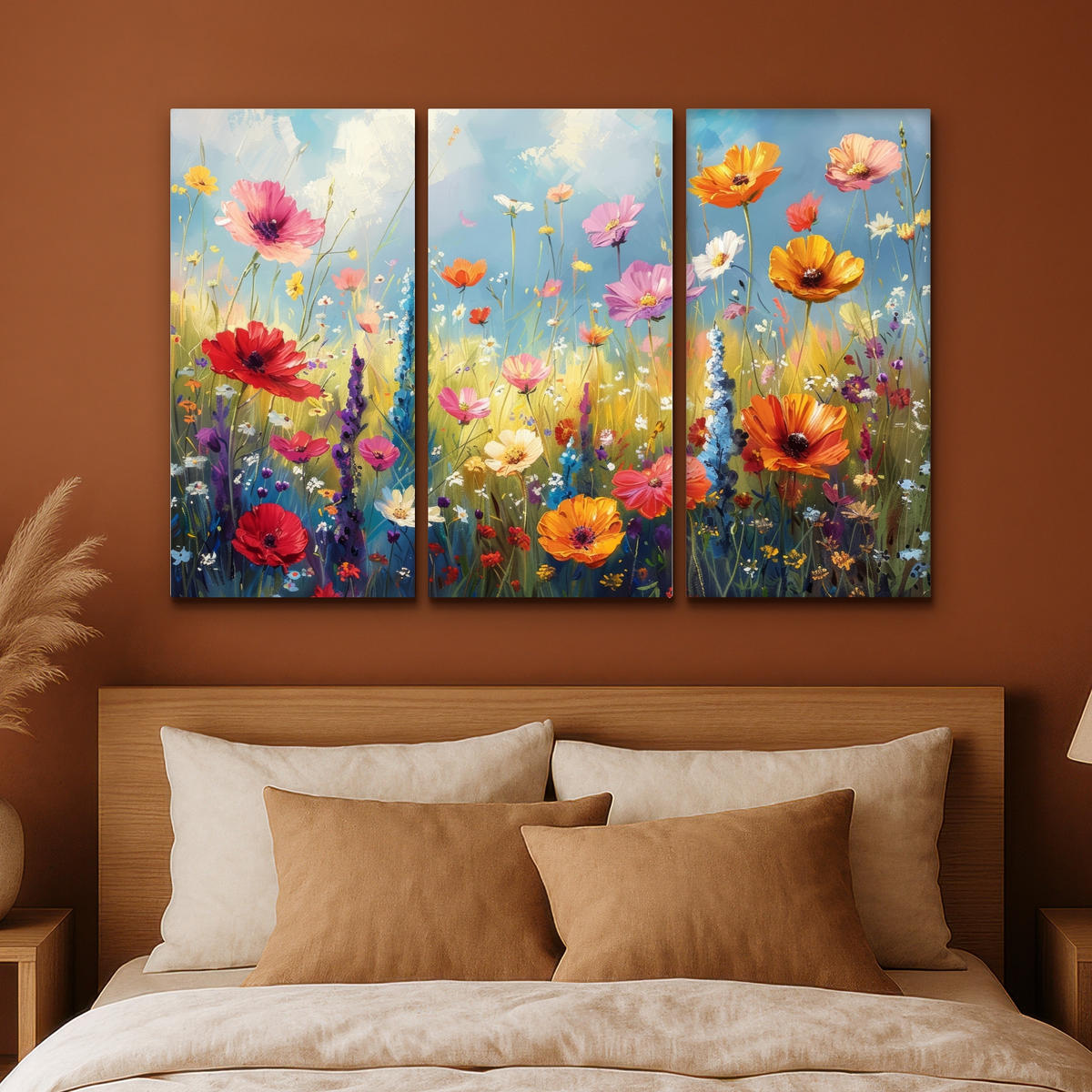 LEINWANDBILD 3er Set Blumen - Frühling - Farbenfroh - Sommerlich 180x120 cm - Orange, Textil (180/120cm) - MuchoWow