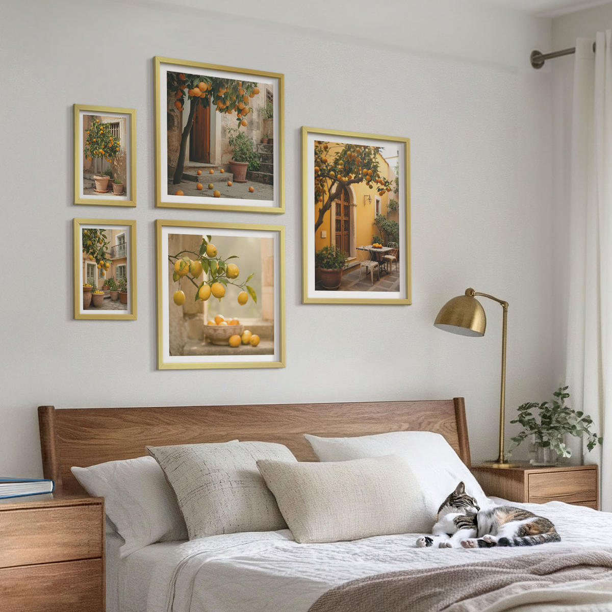 WANDBILDER 5er Set - 50x50 cm & 20x30 cm & 40x60 cm Goldrahmen - Terrasse mit Zitrusbäumen - Goldfarben, Kunststoff (40/60cm) - ArtPrintCave