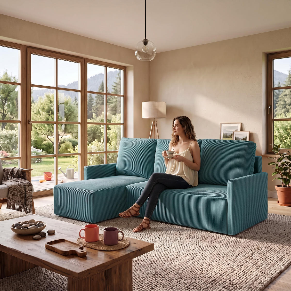 ECKSOFA GARDA L universell links/rechts montierbar mit Schlaffunktion 132x198 cm Cord Blau - Blau/Schwarz, Holz/Kunststoff (209/145cm) - NACANAPA