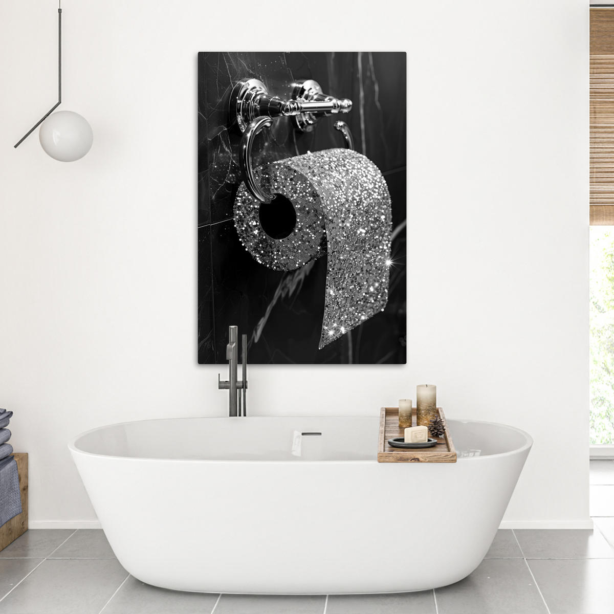 LEINWANDBILD WC - Toilettenpapier - Schwarz und weiß - Glitter 80x120 cm - Silberfarben, Textil (80/120cm) - MuchoWow