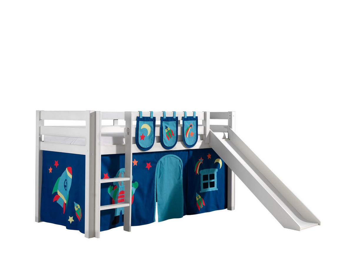 HOCHBETT mit Rutsche Karolina Massivholz Weiß Textilset Astro 3 - Blau/Weiß, Holz (90/200cm) - 58aufmkessel