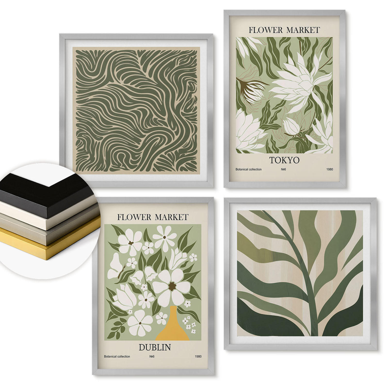 WANDBILDER 4er Set - 50x50 cm & 40x60 cm Silberner Rahmen - Pflanzenmuster, Boho-Dekorationen - Silberfarben, Kunststoff (50/50cm) - ArtPrintCave