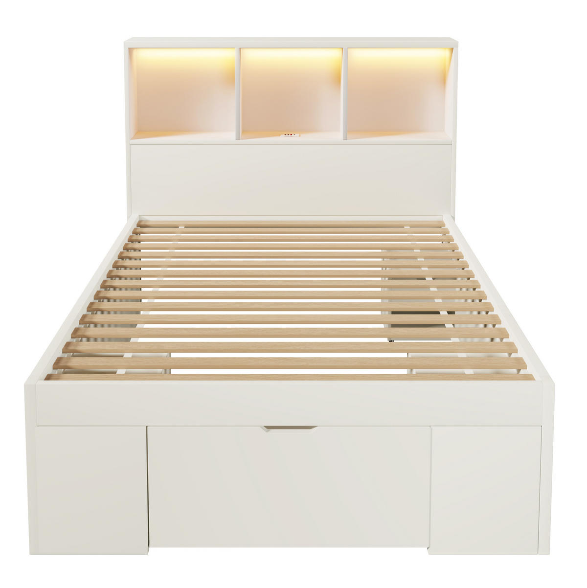 FUNKTIONSBETT 90/200 cm mit LED-Beleuchtung, USB-C, Stauraum und beweglichem Nachttisch aus Holz, Weiß - Weiß, Holzwerkstoff (90/200cm) - Redom