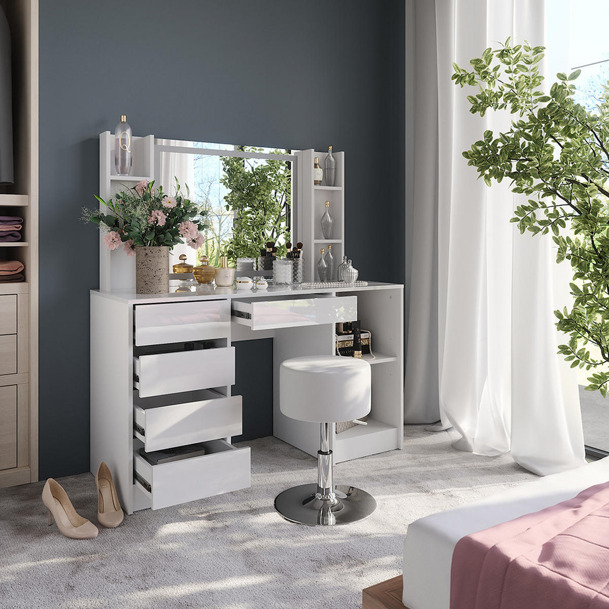 SCHMINKTISCH Sherry Weiß/Weiß Hochglanz 128.2 cm 5 Teile - Weiß Hochglanz, Holzwerkstoff (128.2/76/50.1cm) - Vicco