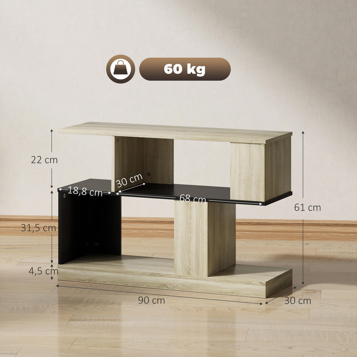 BEISTELLTISCH DE-15786 S-Form mit 3 Ebenen Naturholz - Naturfarben, Holzwerkstoff (90/30/61cm) - ComfortXL