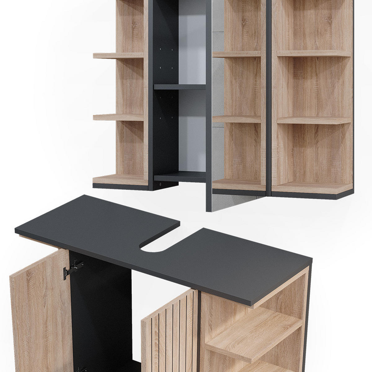 BADMÖBEL-SET Aquis Sonoma 2 Teile - Anthrazit/Sonoma Eiche, Holzwerkstoff (79.6/64/32cm) - Vicco