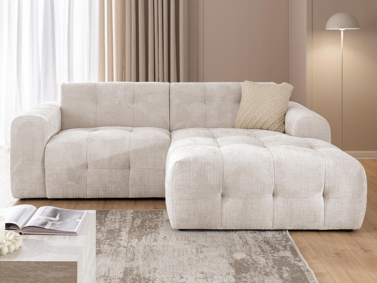 ECKSOFA Kozy im Bumpy-Design mit fester Rückenlehne aus weichem Beige Chenille-Stoff - Ottomane rechts - Beige/Creme, Holz/Kunststoff (234/161cm) - S-Style Möbel
