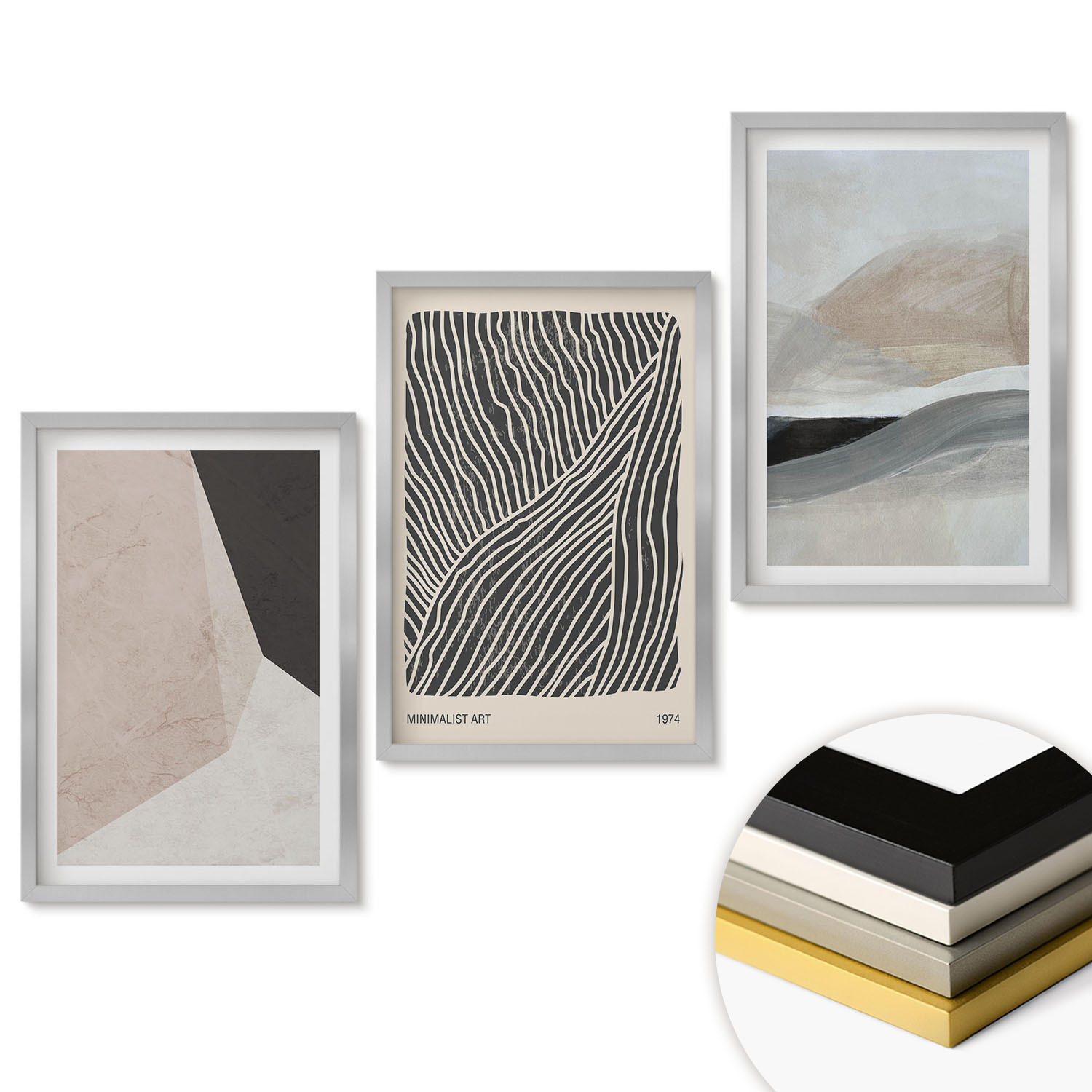 WANDBILDER 3er Set - 40x60 cm Silberner Rahmen - Abstrakte Muster in Beige und Grau - Silberfarben, Kunststoff (40/60cm) - ArtPrintCave