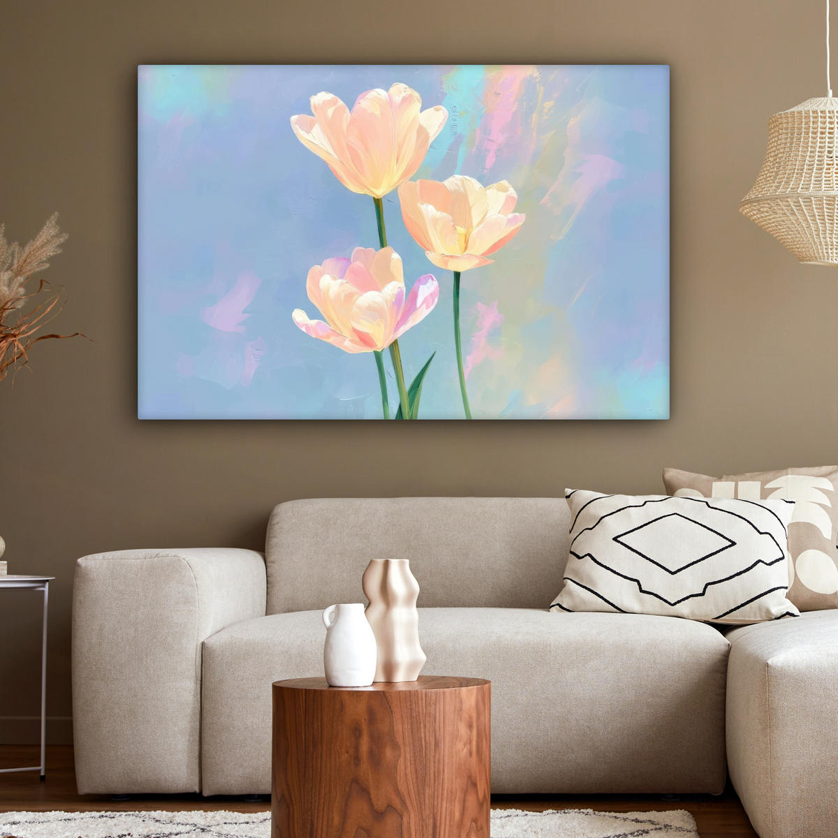 LEINWANDBILD Tulpen - Rosa Akzente - Blau Groß 140x90 cm - Pastellblau, Textil (140/90cm) - MuchoWow