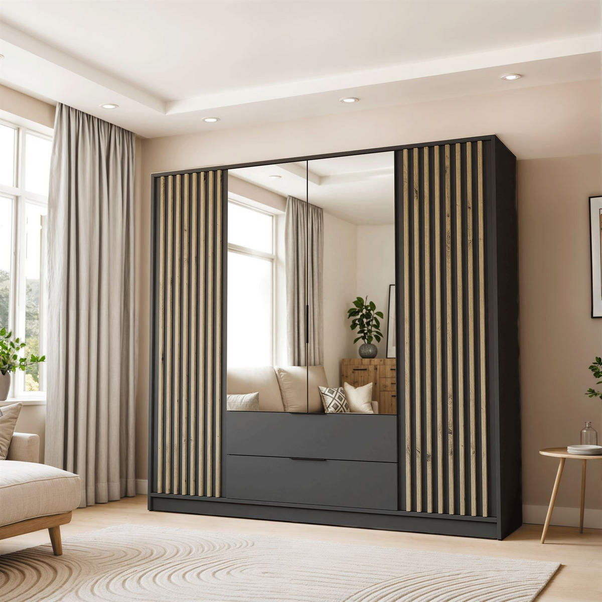 KLEIDERSCHRANK NELA, viertürig mit Lamellen und Spiegel, 206 cm, Graphit/Artisan - Graphitfarben, Holzwerkstoff (206/200/51cm) - Lookway