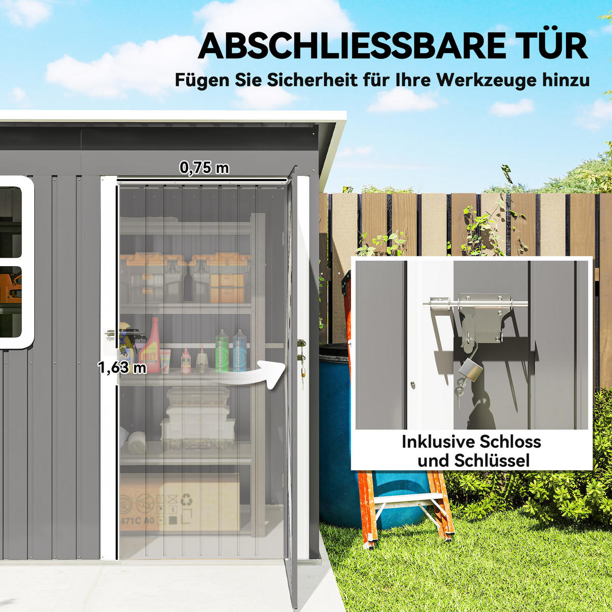 GERÄTEHAUS 2,55m², Gartenhaus mit Pultdach, 221 x 133 x 190/173 cm, Dunkelgrau - Dunkelgrau, Metall (133/190/211cm) - Outsunny