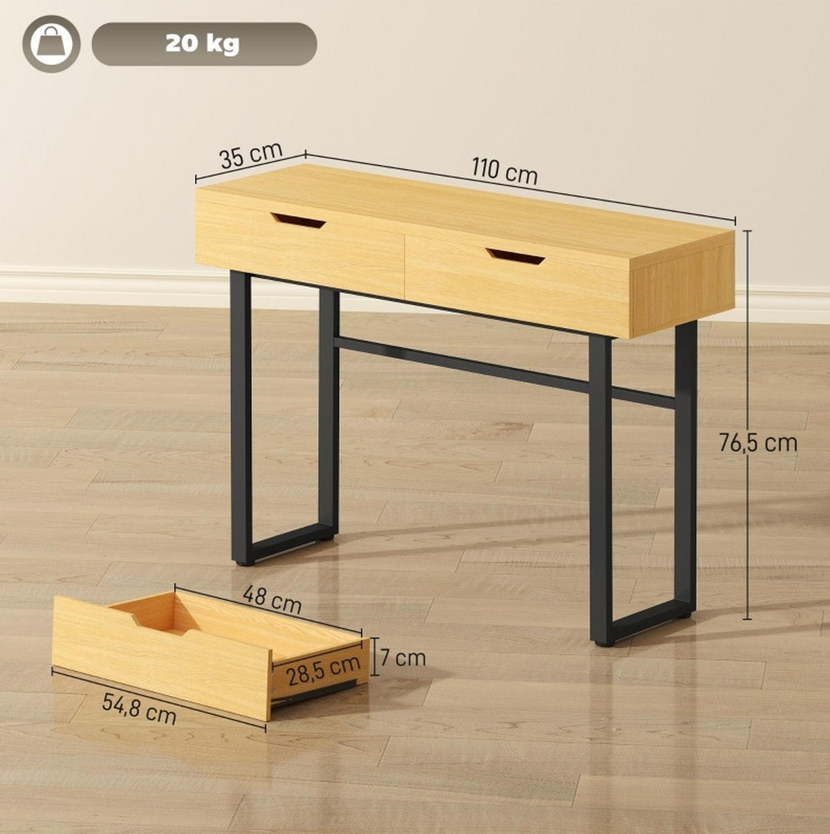 KONSOLENTISCH aus Spanplatte 110x35x76 cm und Metall in Naturholz mit 2 Schubladen - Naturfarben, Holz (35/110/76.5cm) - IVMEU