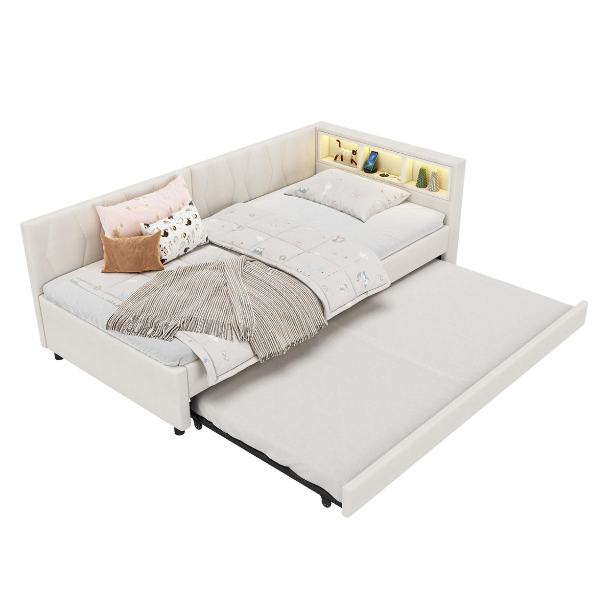 POLSTERBETT 90/200 cm Beige mit LED-Beleuchtung und USB- und Type-C-Anschlüssen - Beige, Textil (90/200cm) - Flora Grace