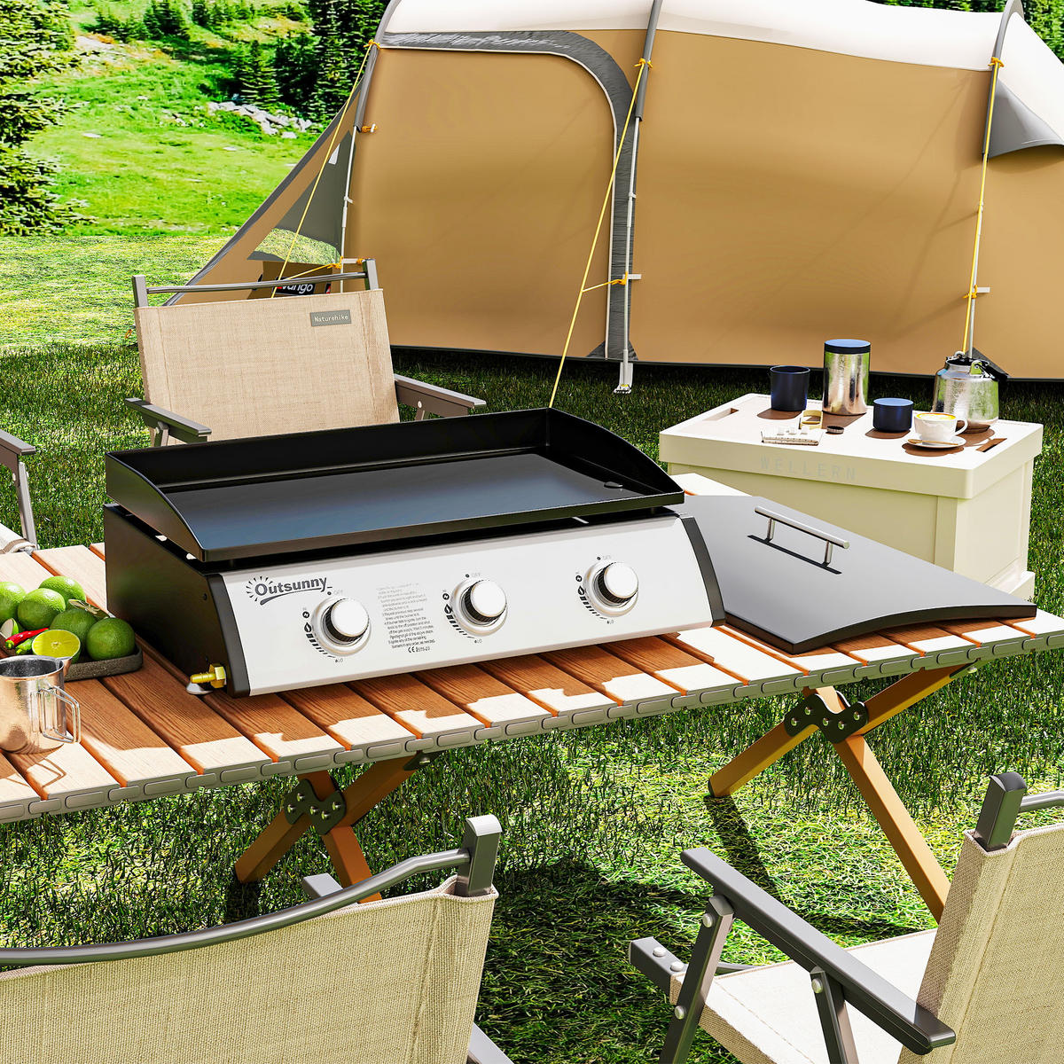 PLANCHA DE-18617 3 Brenner, 7,5 kW, mit Deckel Schwarz - Schwarz, Metall (47/25/63cm) - ComfortXL
