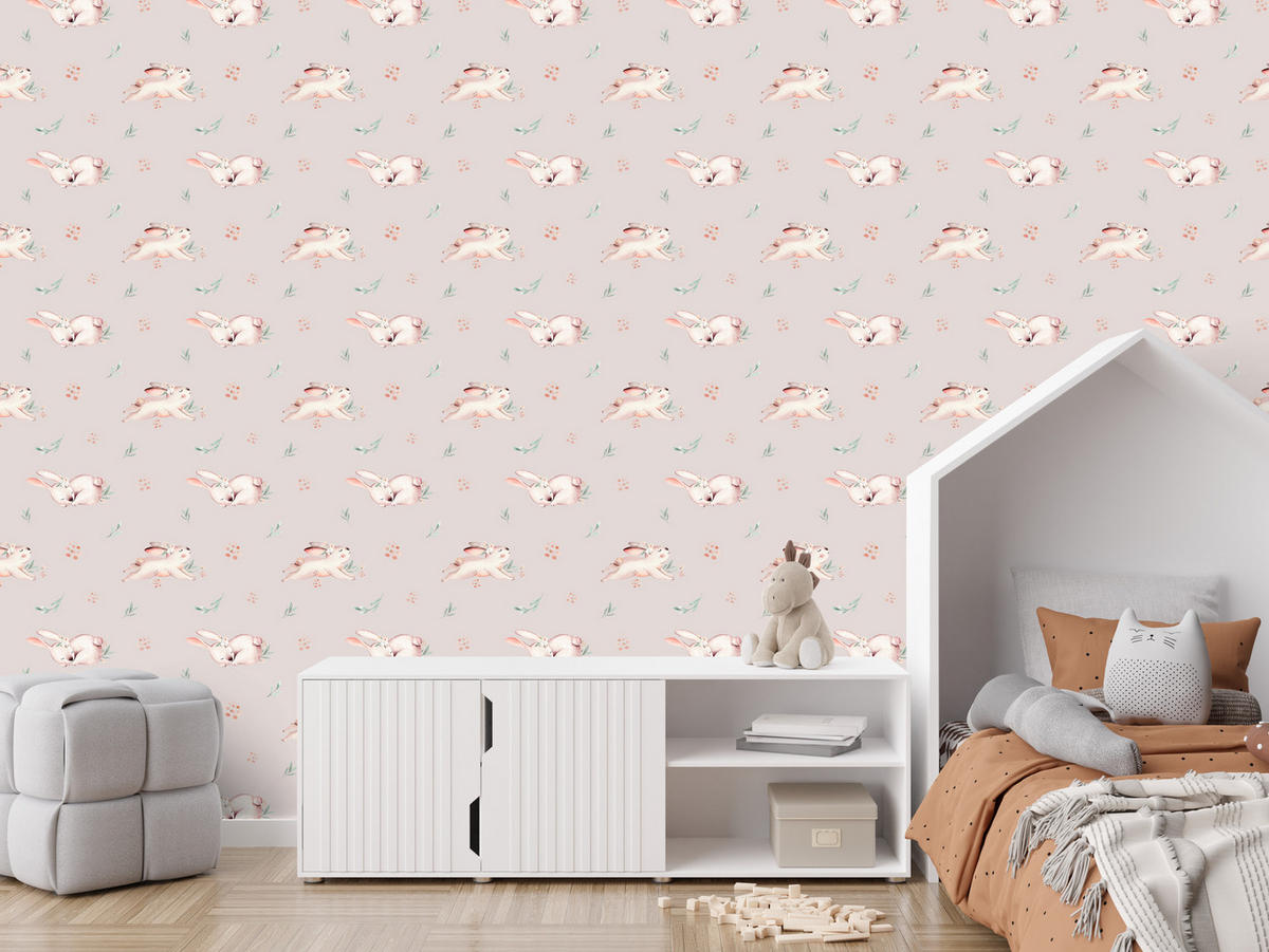 VLIESTAPETE Häschen und Blumen – Rosa, Weiß – 50x1000 cm - Rosa/Weiß, Papier (50/1000cm) - Muralo