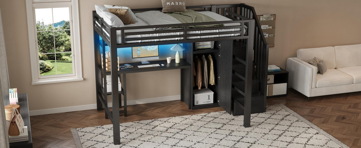 HOCHBETT 140x200 cm aus Metall & MDF mit Schreibtisch, Kleiderschrank und LED, schwarz - Schwarz, Holzwerkstoff (140/200cm)