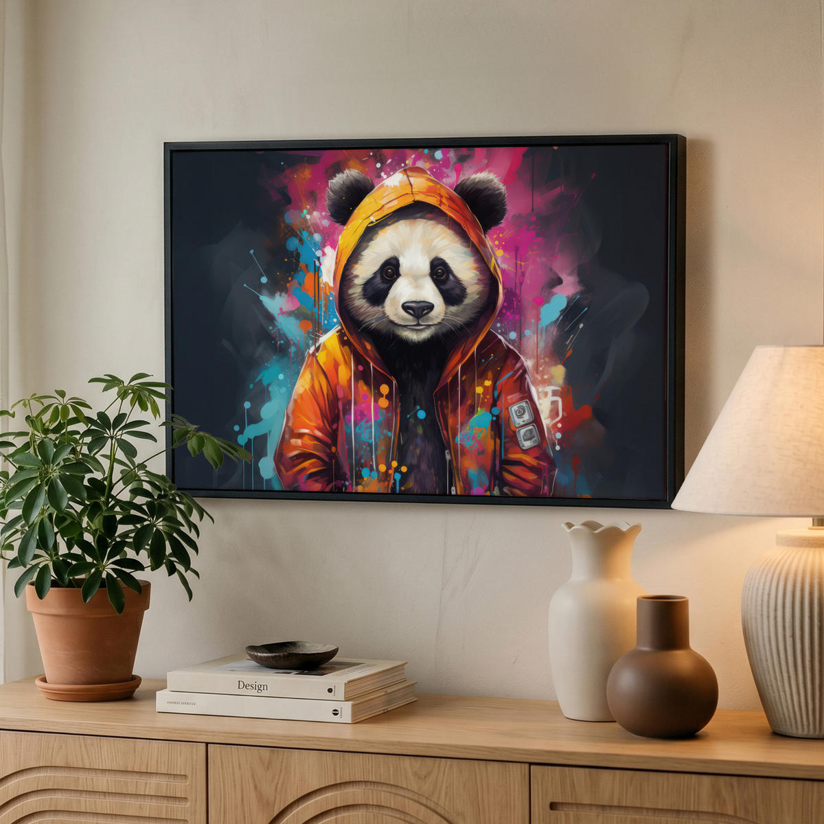 LEINWAND Bilder mit Rahmen - Panda - Jacke - Graffiti - Orange - 60x40 - Orange, Textil (60/40cm) - MuchoWow
