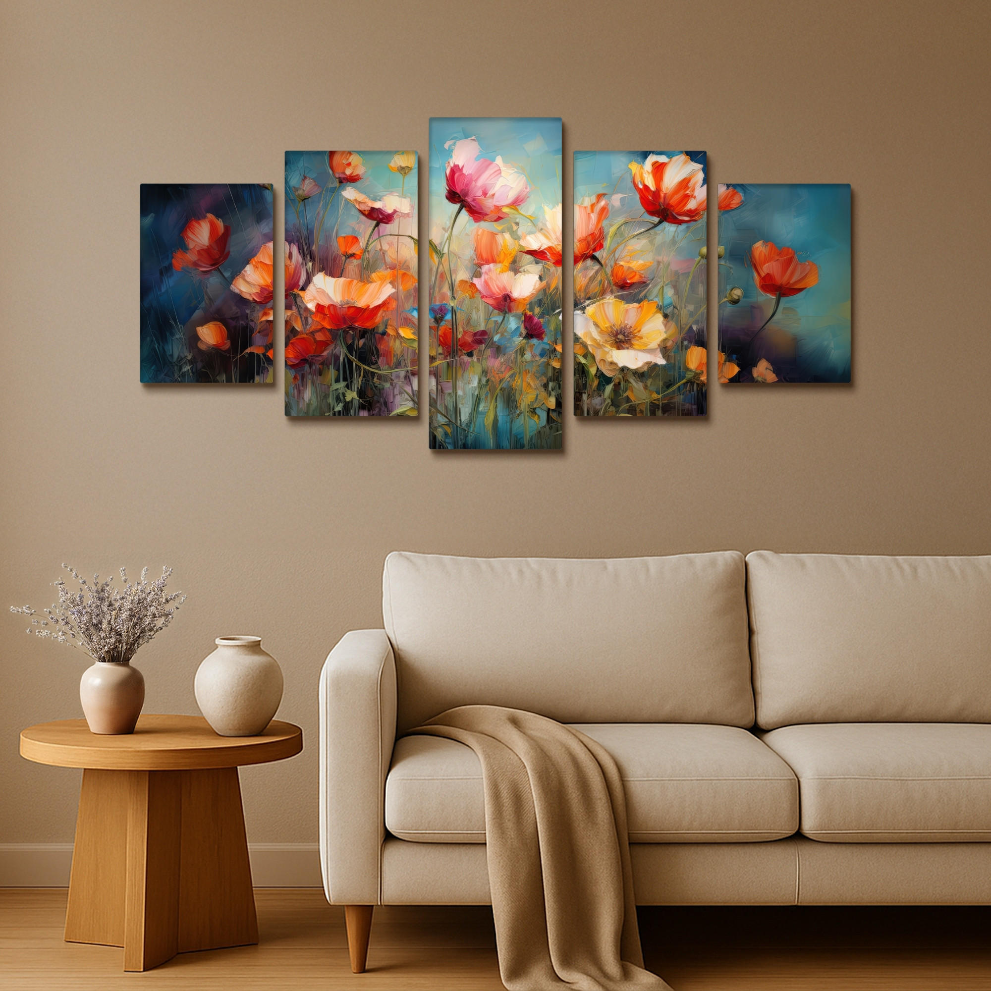 LEINWANDBILD 5er Set Blumen - Bunt - Abstrakt 100x50 cm - Blaugrau, Textil (100/50cm) - MuchoWow