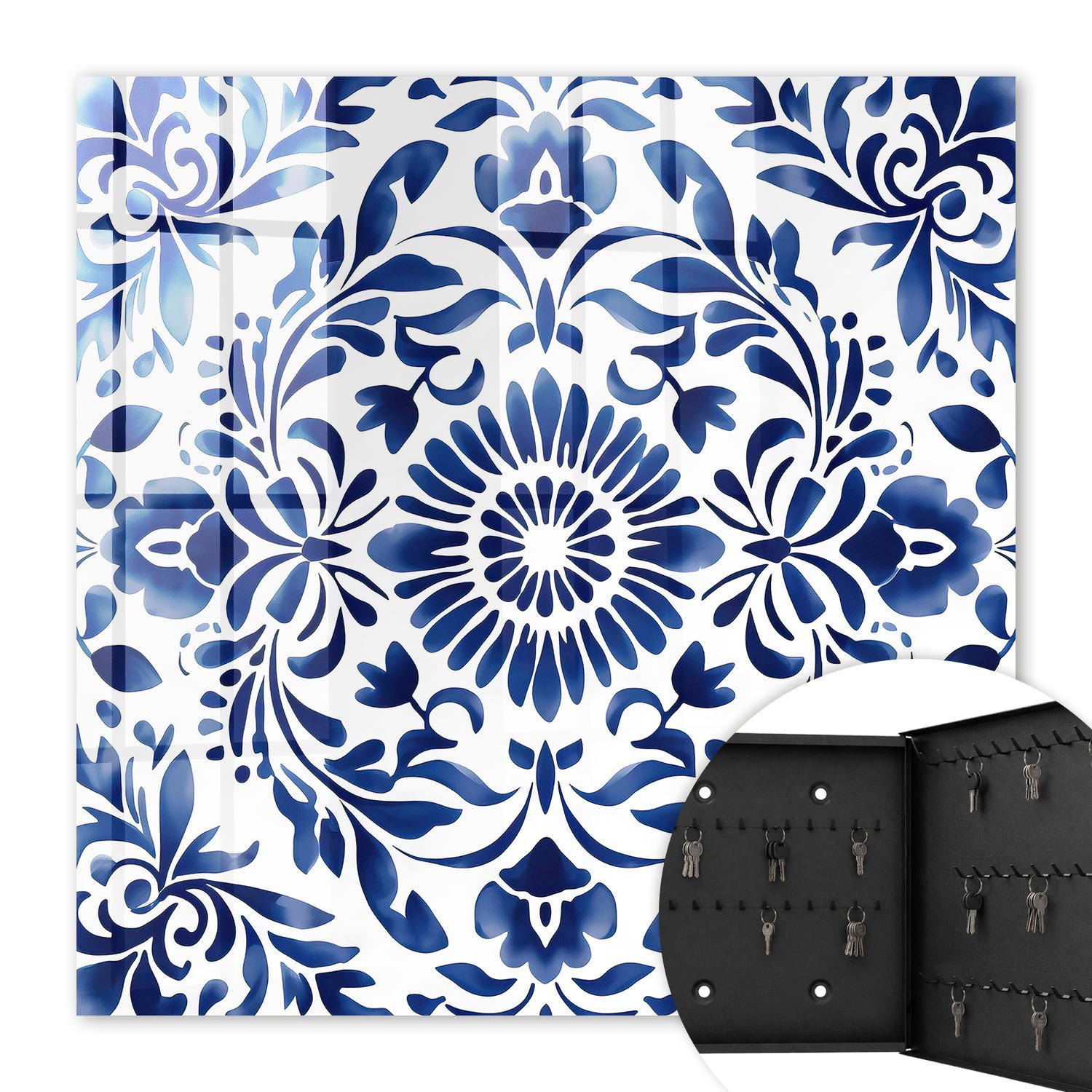 SCHLÜSSELBOX Schwarz 30x30 cm- Türöffnung nach rechts - Blumenschmuck - Blau, Metall (30/30/5cm) - TULUP