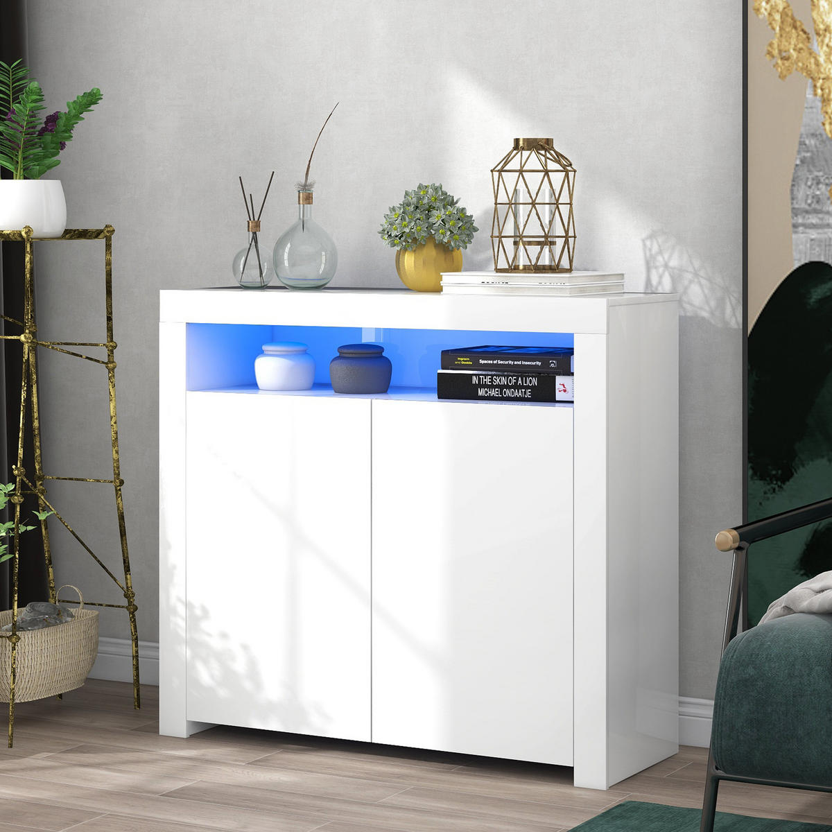 SIDEBOARD aus MDF 108x40x92 cm Weiß mit LED-Beleuchtung, USB-Anschluss und Hochglanzfront - Weiß, Holzwerkstoff (108/92/40cm) - Modfu