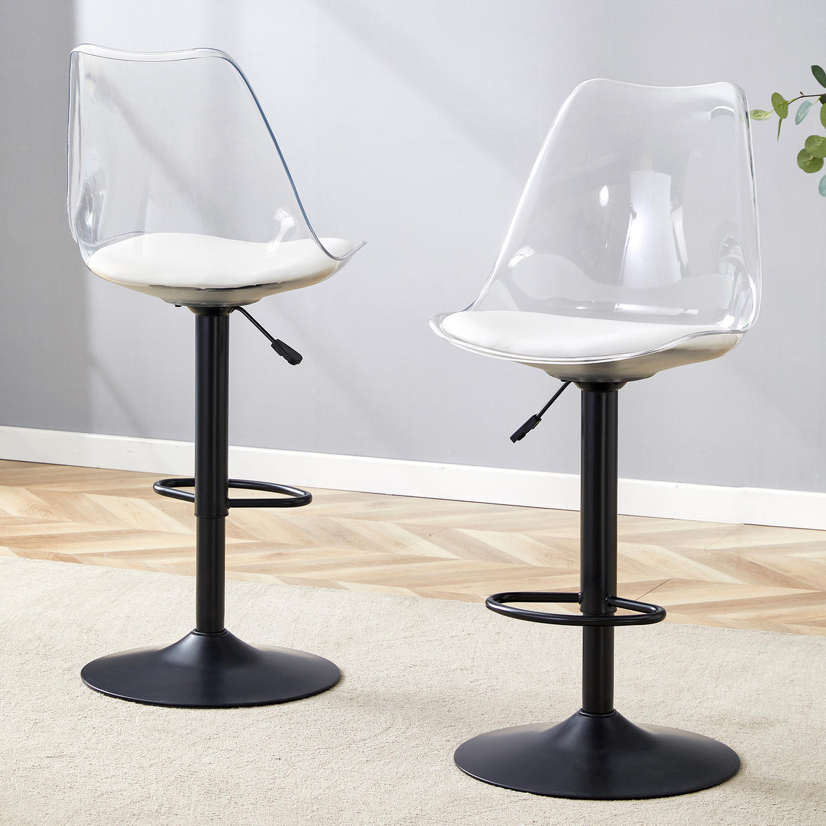 BARHOCKER DE-36523 2er Set höhenverstellbar mit PU-Sitz Transparent - Schwarz, Metall (53.3/120/45.7cm) - ComfortXL