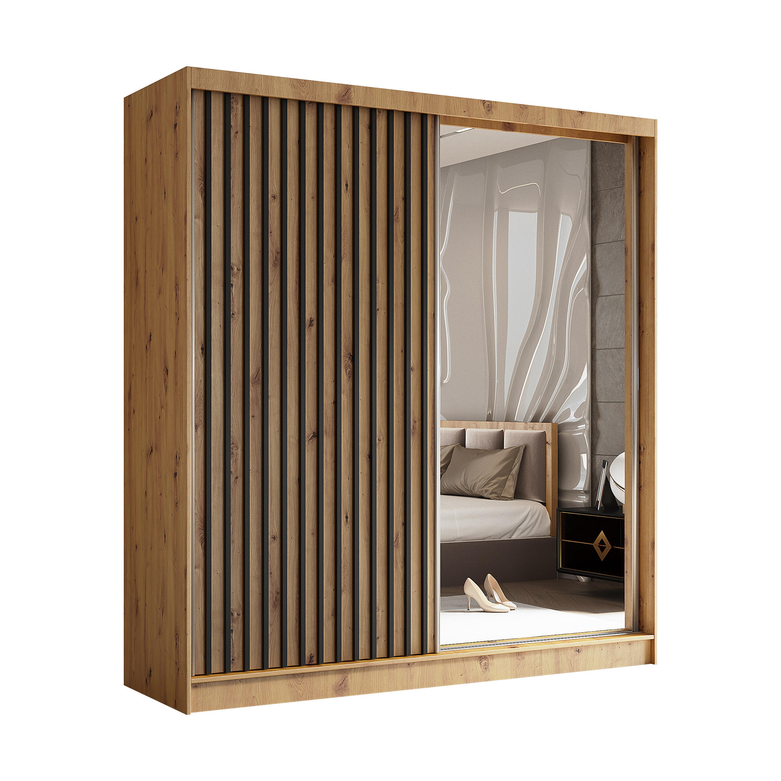 SCHWEBETÜRENSCHRANK LAMELLO 200/216/61 cm 2-türig mit Spiegel Eiche Artisan - Eiche Artisan, Holzwerkstoff (200/216/61cm) - MASSENO