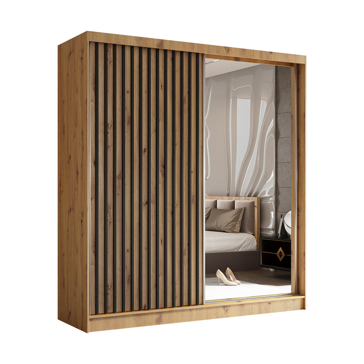 SCHWEBETÜRENSCHRANK LAMELLO 200/216/61 cm 2-türig mit Spiegel Eiche Artisan - Eiche Artisan, Holzwerkstoff (200/216/61cm) - MASSENO