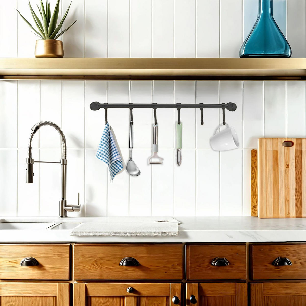 KÜCHEN HAKENLEISTE mit 7 Haken - Schwarz, Metall (3.4/2.2/35.8cm) - Intirilife