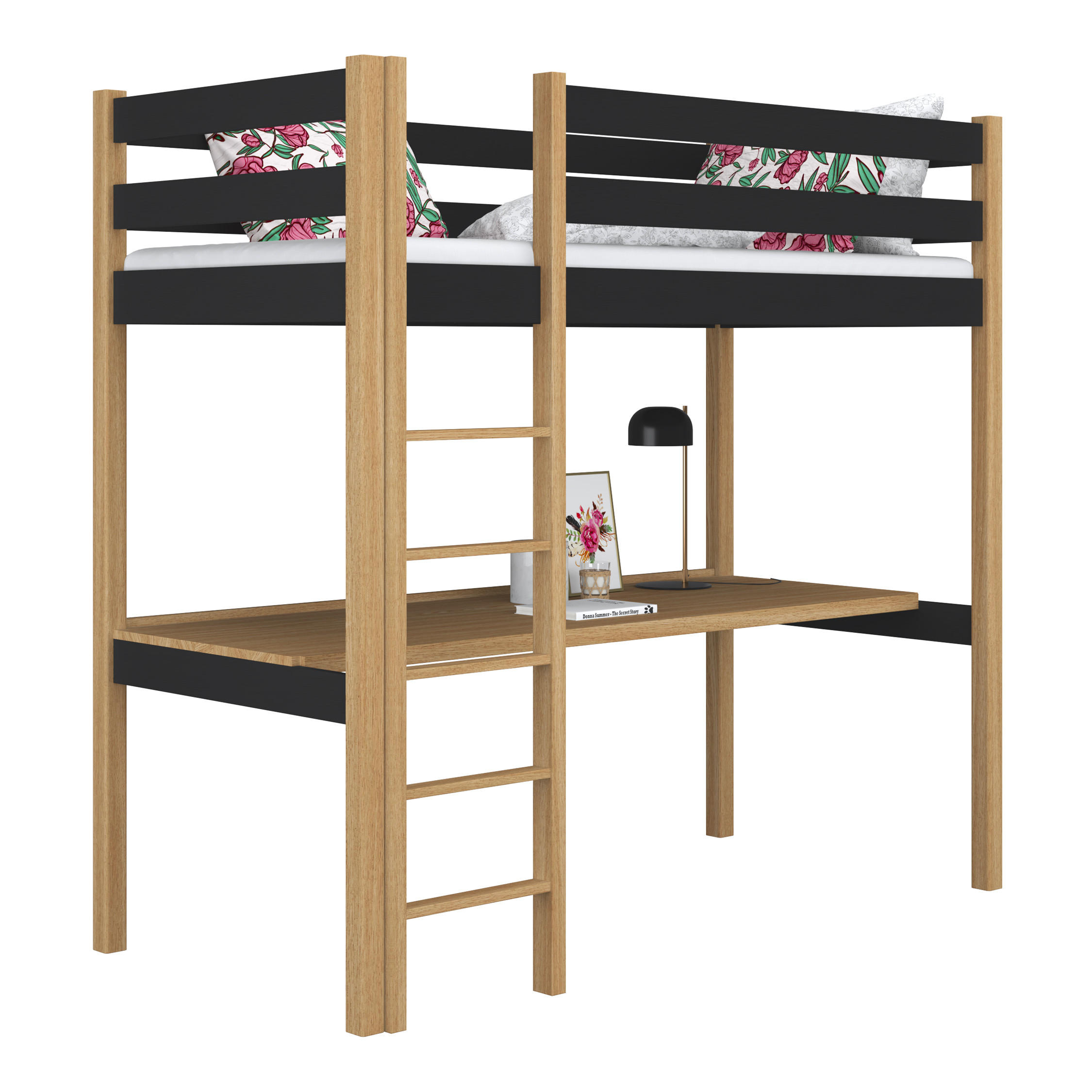 HOCHBETT N05 mit Schreibtisch Schwarz / Eiche Natur 90/190 - Schwarz/Eiche Artisan, Naturmaterialien/Holz (90/190cm) - N-Wood