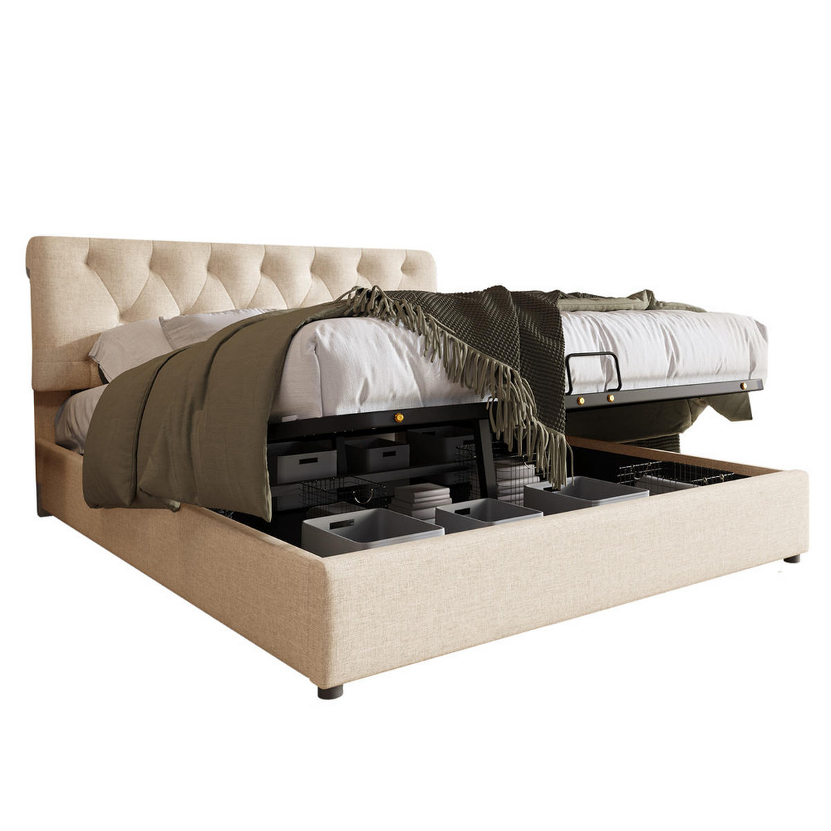 POLSTERBETT 140x200cm Doppelbett hydraulisch verstellbares Kopfteil Stauraum Natürlich - Braun, Holz - FLIEKS