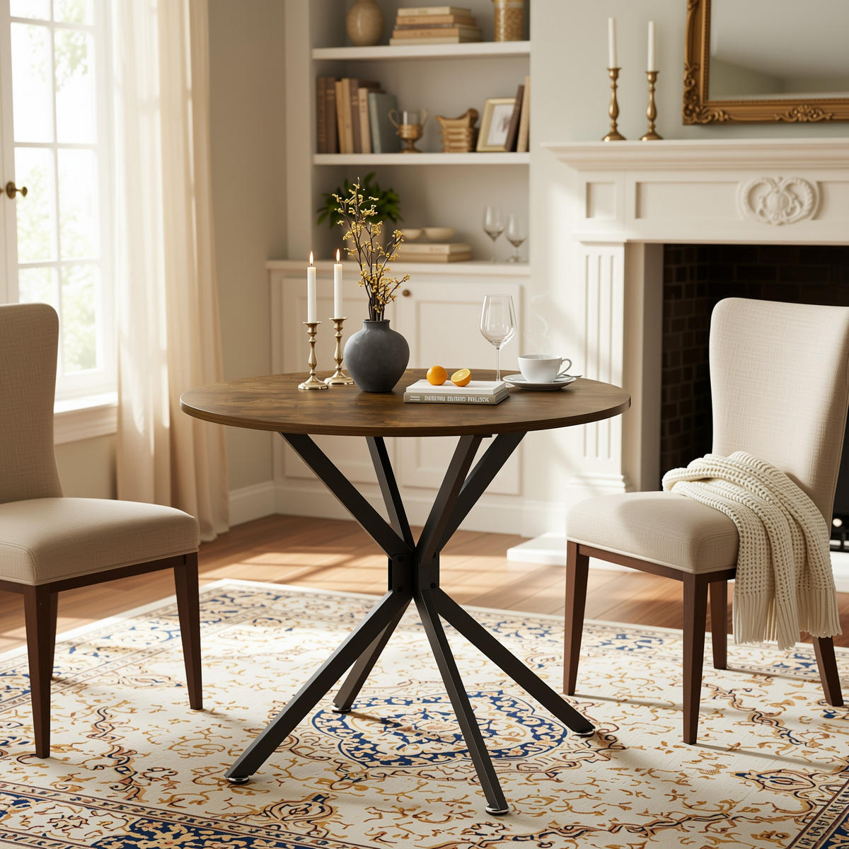 ESSTISCH Runder 90 cm Vintagebraun mit Metallgestell Platzsparend - Schwarz, Holzwerkstoff (90/90/78cm) - Urban Meuble