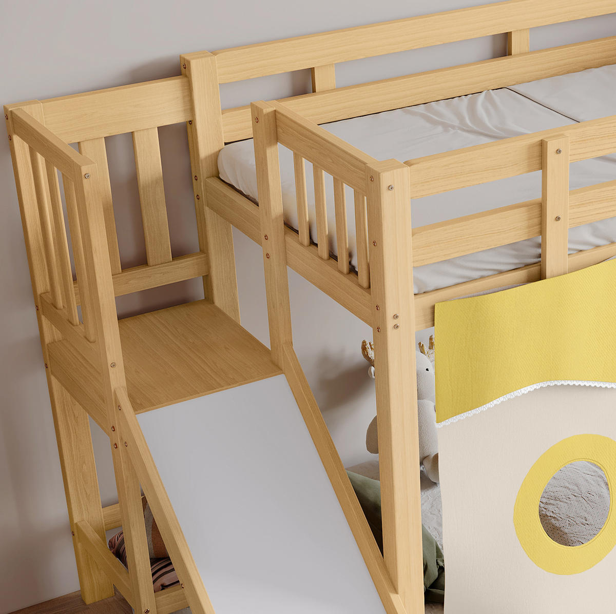 ETAGENBETT aus Kiefer und MDF 90x200 cm Natur mit Treppe, Rutsche, Bettvorhang und Fallschutz - Naturfarben, Holzwerkstoff (90/200cm) - Modfu